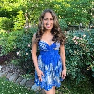 Elegant Blue and Cream Dress